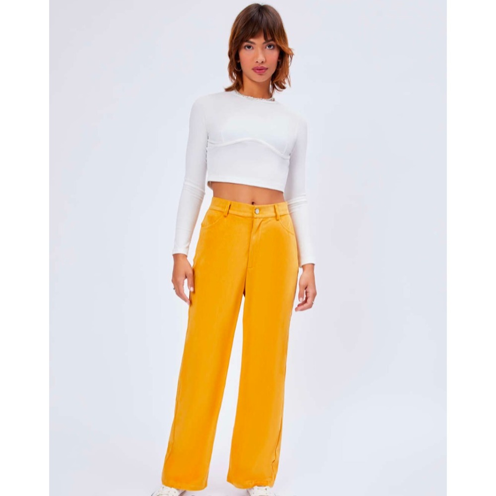 Cider Women's Velvet High‎ Waist Wide Leg Pants Mustard Yellow Ginger Size Large